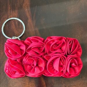Elegant Red Rosette Floral Clutch with Detachable Criss-Body Chain